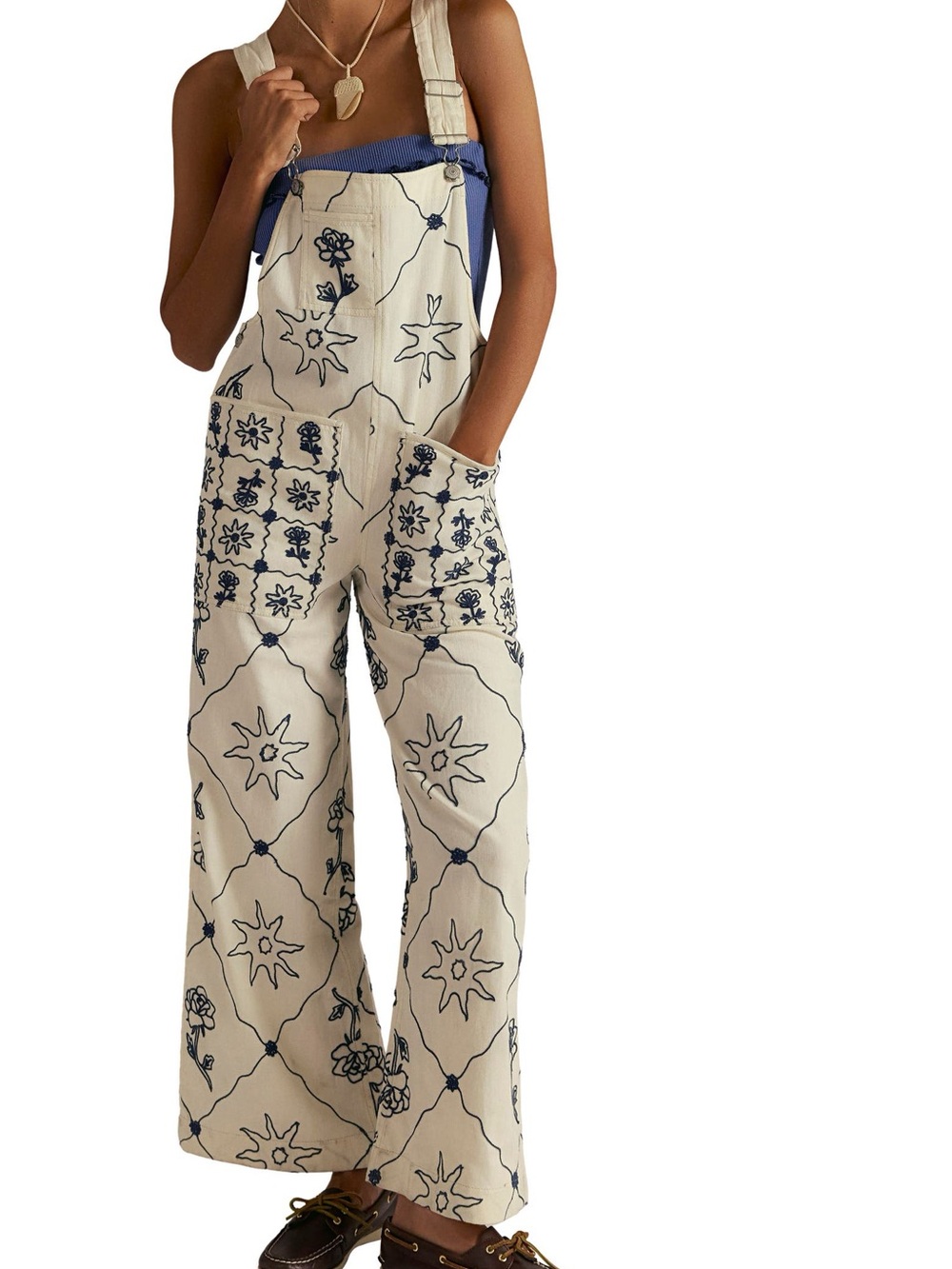 We The Free Free People Floral Embroidered Overalls Jumpsuit XS Ivory Navy